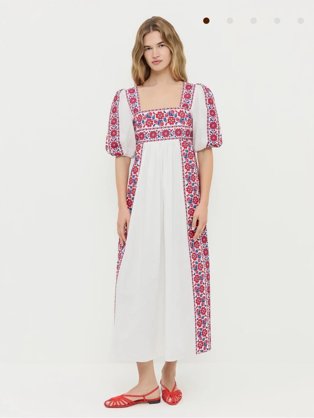 Loeffler Randall White Maxi Dress with Red & Blue Floral Embroidery